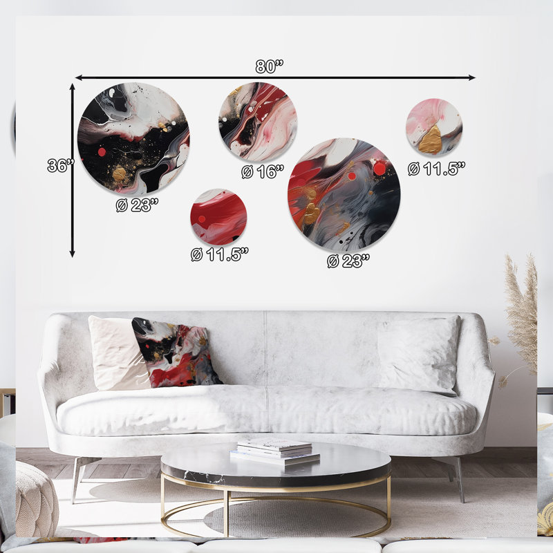 Red And Black Marble Whispers III Wall Metal Decor Set 5 Piece
