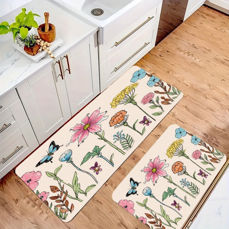 Pink & Blue Floral, 2 Pcs Non Slip Kitchen Mats, Pink/Beige Floral