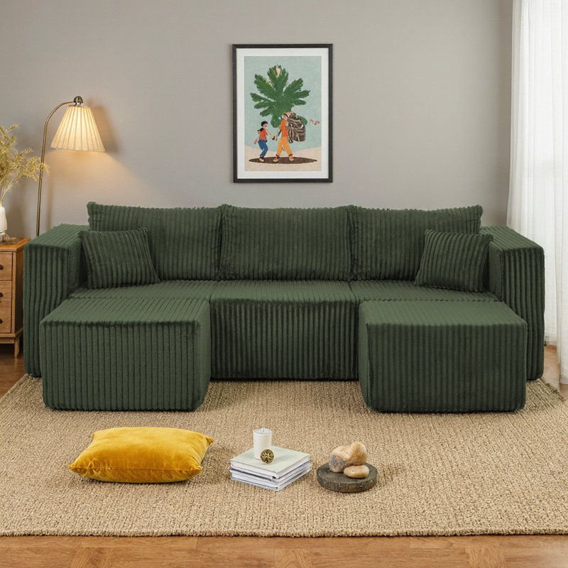 Modern Compact Modular Sofa: 3-Seat Space-Saver Grey Corduroy Sectional, Cloud Comfort (Packaged Flat), Green