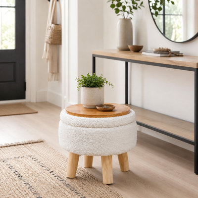 Repose-pieds rond avec rangement en velours, pieds en bois