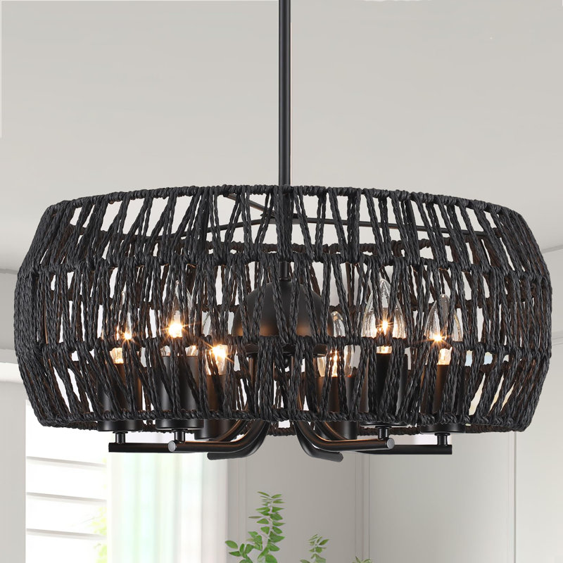 Lustre tambour en rotin 6 lumières Anela, Noir mat