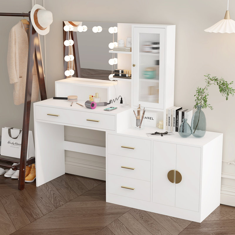 Coiffeuse de maquillage avec lumières, station de charge et miroir, Doré, Blanc