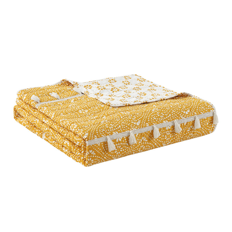 Ivory and Golden Yellow King Microfiber Reversible Quilt Set with Tassels