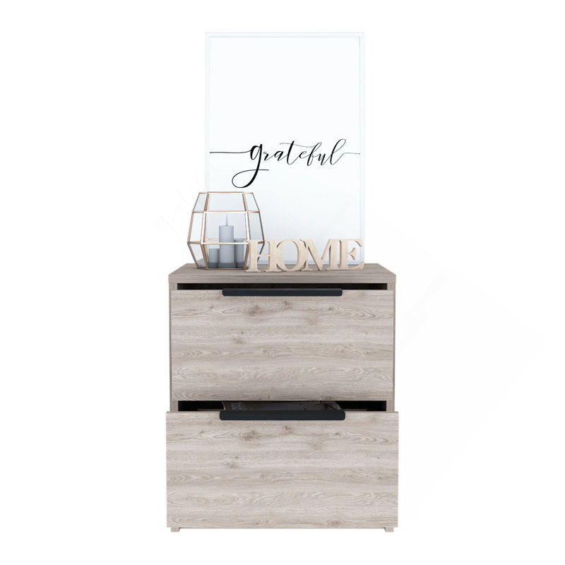 Table de chevet Cervants, deux tiroirs, poignée en métal, finition gris clair, Gris clair