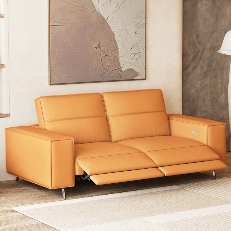 Causeuse inclinable électrique en cuir véritable de 76,77 pouces avec appui-tête réglable et port USB pour salon orange
