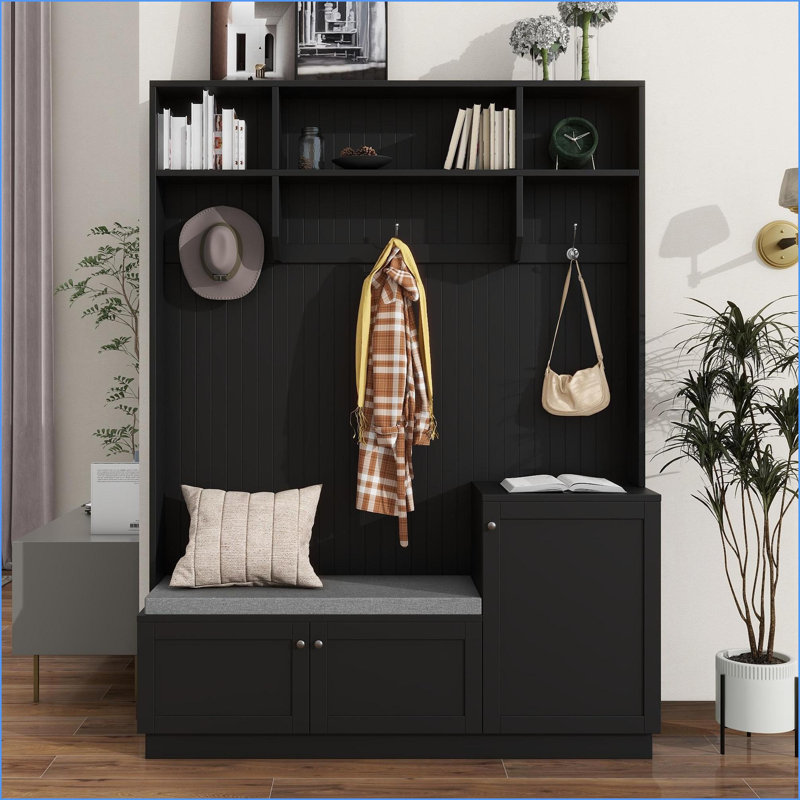 Arbre d'entrée moderne avec banc rembourré, rangement et amp; Crochets | Noir | Panneau de fibres à densité moyenne, Noir