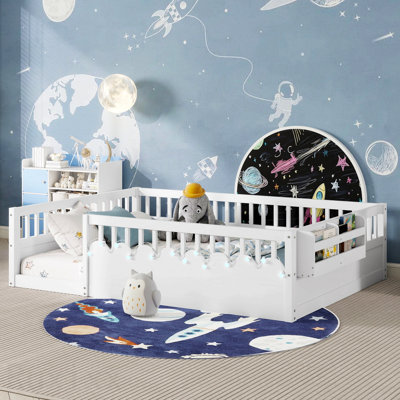 Structure de lit double Montessori avec rails hauts, lits en bois pour enfants avec lumière et tablette de rangement, blanc
