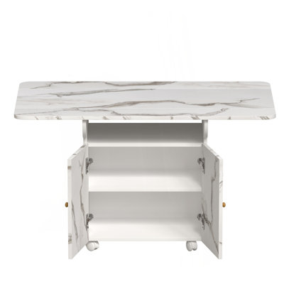 Folding Dining Table With 6 Wheels, Storage Rack,cabinet And Marble Texture