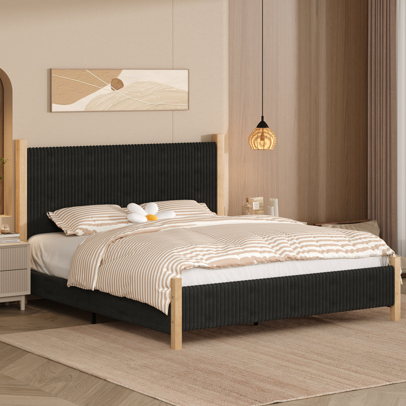 Bed Frame and Headboard, Corduroy Upholstered Bed Frame, Vertical Channel Design Headboard, King, Black
