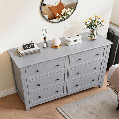 Grey 6 Drawer Dresser for Bedroom, 54" Wide Large Dresser with Deep Drawers & Metal Knobs, Modern Wooden Chests of Drawers for Entryway, Hallway