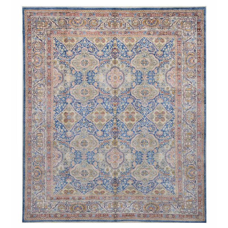 Hand Knotted Wool Area Rug in Blue And Beige