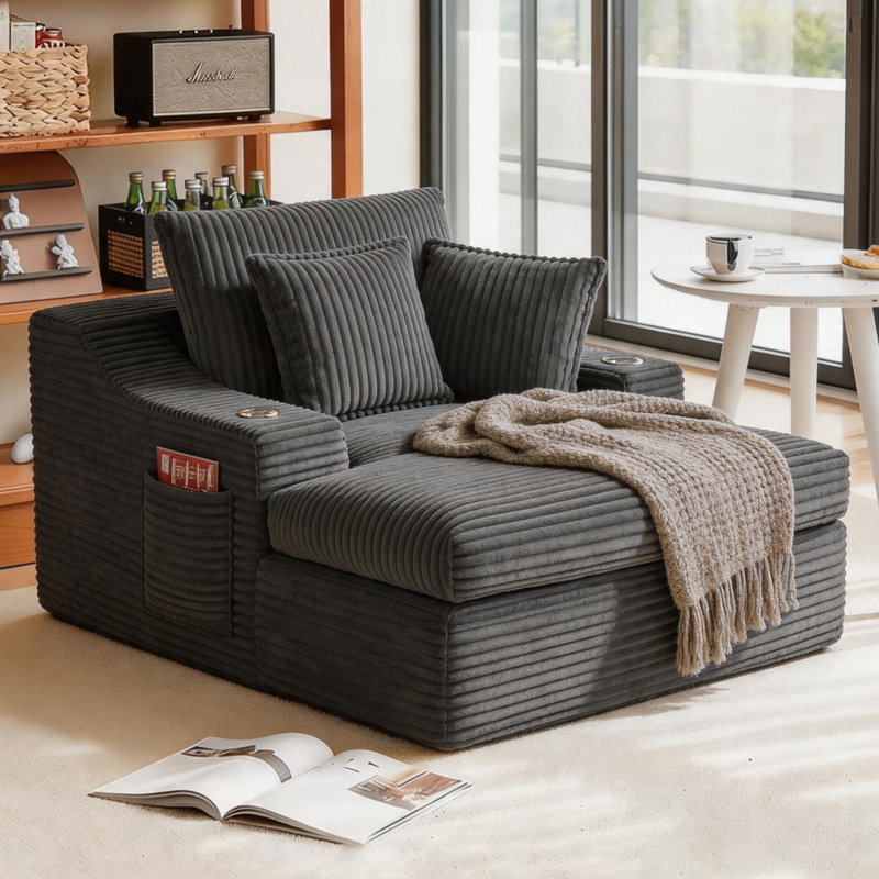  Très grande méridienne intérieure, canapé-lit rembourré 67 po avec porte-gobelets et 3 coussins, canapé-lit à dossier profond en velours côtelé désossé pour le salon, fauteuil de lecture sans assemblage, gris
