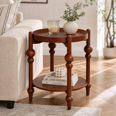 25" Round Retro Solid Wood Side Table with Storage Shelf