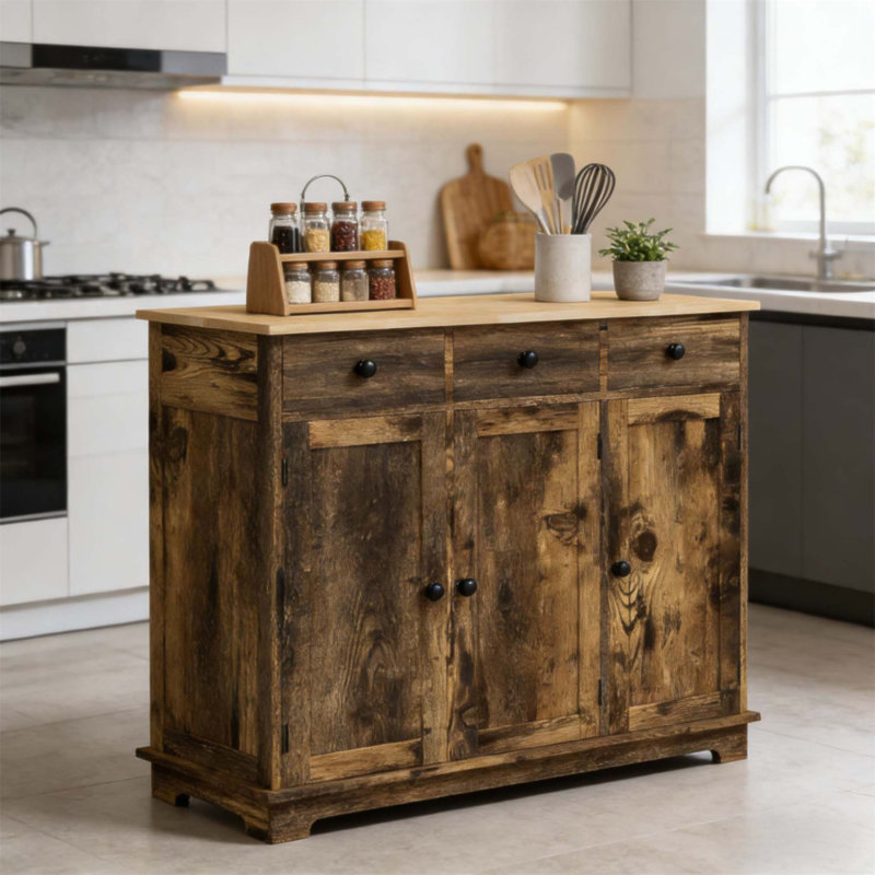 Rustic Style Floor Cupboard With Adjustable Shelves And Large Drawers For Versatile Home Storage Solutions, Rustic Brown