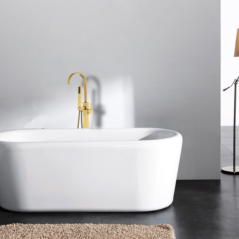 Robinet de baignoire autoportant doré avec douchette portative - Fabrication durable en métal brossé pour douche à main