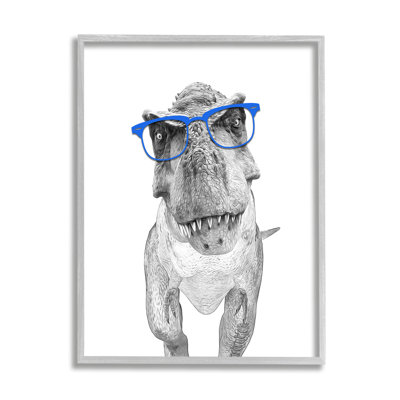 Adorable illustration de lunettes de dinosaure T-Rex monochromes sur fond gris rustique surdimensionnée, giclée sur toile par Annalisa Latella