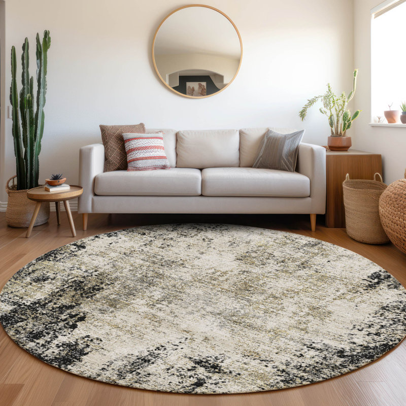 Premium Machine Washable Prisco Black Rug, Round 8'