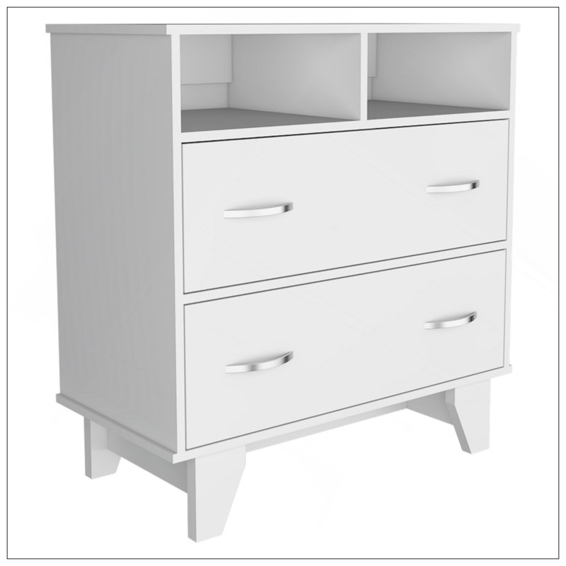 Commode à deux tiroirs, deux tablettes ouvertes, plateau, quatre pieds - blanc, Blanc