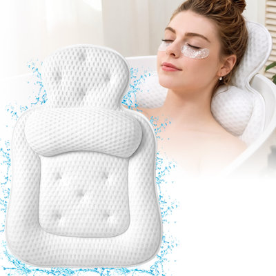 Bath Pillow with 5D Mesh Fabric and Non-Slip Suction Cups, Head & Neck Support, White