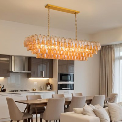 Lustres modernes pour la salle à manger, grand lustre de cuisine rectangulaire doré de 54 po au-dessus de la table, 12 lumières avec plafonniers en verre fumé, luminaire suspendu de style maison de campagne pour le salon et la chambre à coucher