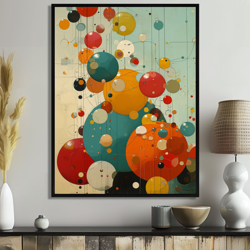 Rétro joie circulaire - salon d'art mural géométrique, H 32 po x l 24 po x P 1 po, Toile avec cadre flottant noir