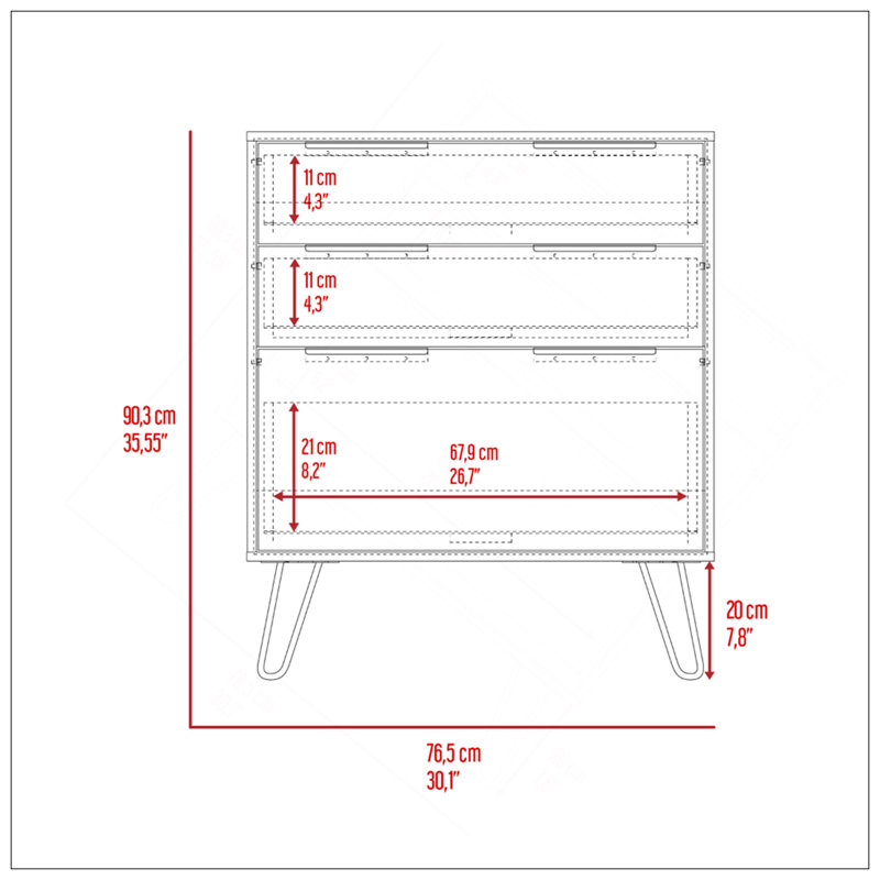 Commode légère H 35 po, trois tiroirs, plateau supérieur, pieds en épingle à cheveux, chêne clair