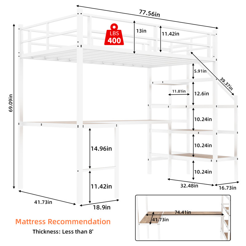 Lit mezzanine avec bureau en L, grand espace de rangement, structure robuste, escalier, garde-corps, sans sommier, Blanc