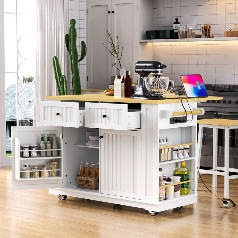 48" Modern Rolling Kitchen Island With Drop Leaf And Power Outlet, Mobile Kitchen Island With Storage Cabinets And 2 Drawers, Wooden Kitchen Cart For Kitchen, Dining Room, White(No Bar Stools)