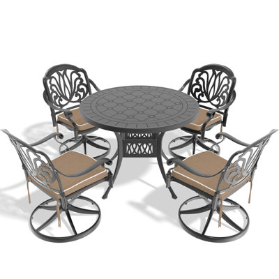 All-Weather 5 Dining - 39.37" Round Table, 4 Swivel Chairs, Black Aluminium Cast