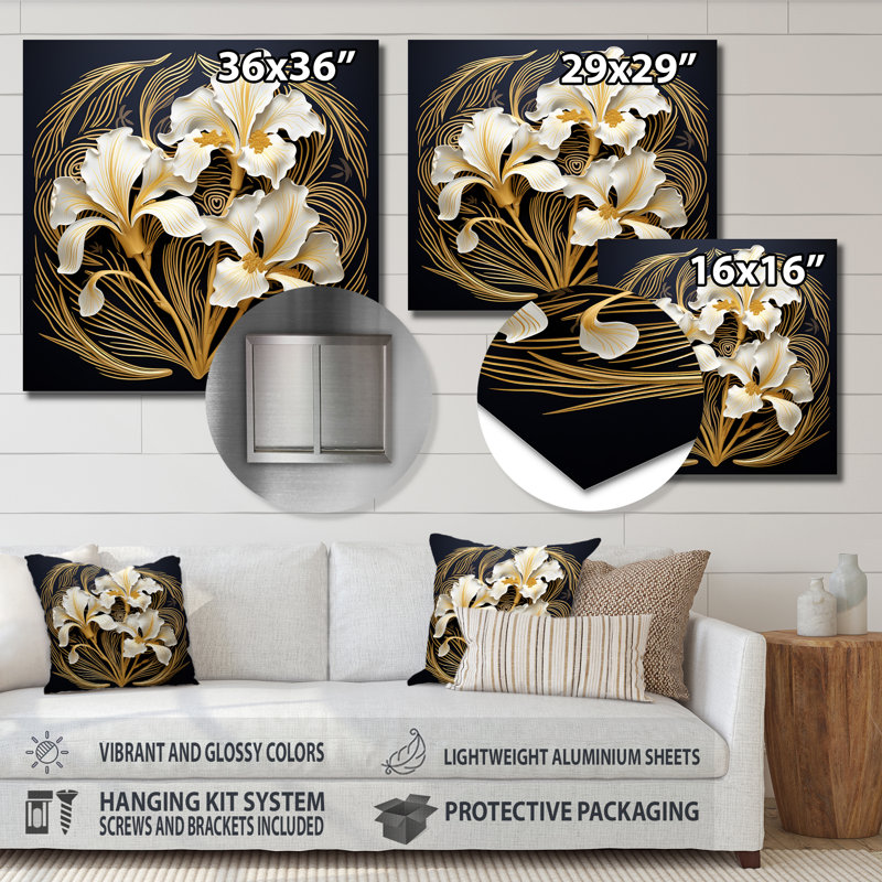 Floraison dorée iris fleur dorée glamour feuilles - iris mur art salon, Sans cadre, métal, H 36 po x l 36 po
