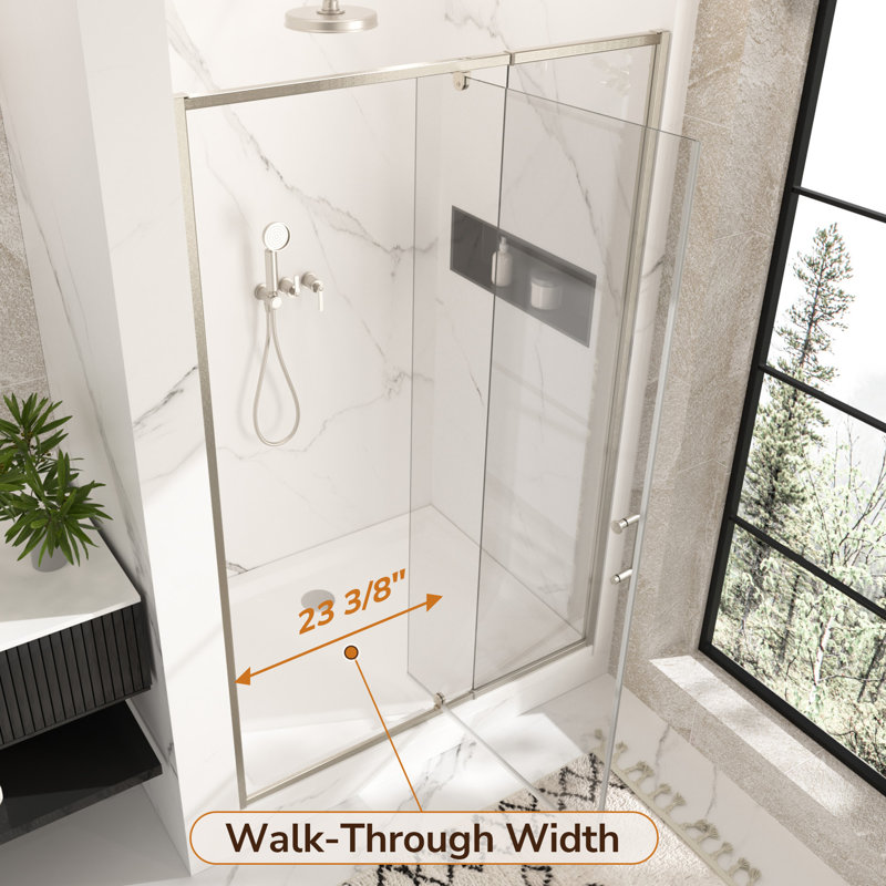 Porte de douche pivotante en verre 46-48 "x H 72" semi-sans cadre avec verre trempé transparent 1/4 ", installation réversible