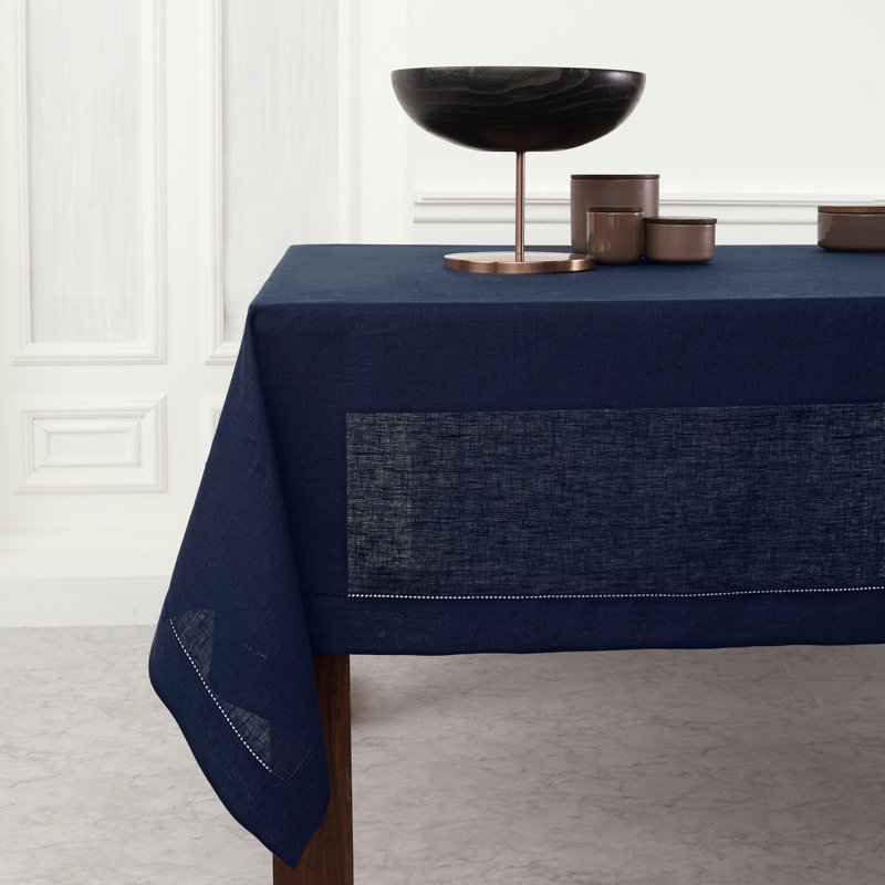 100% Pure Linen Hemstitch Table Cloth - Classic Hemstitch, Navy, 90" x 60"