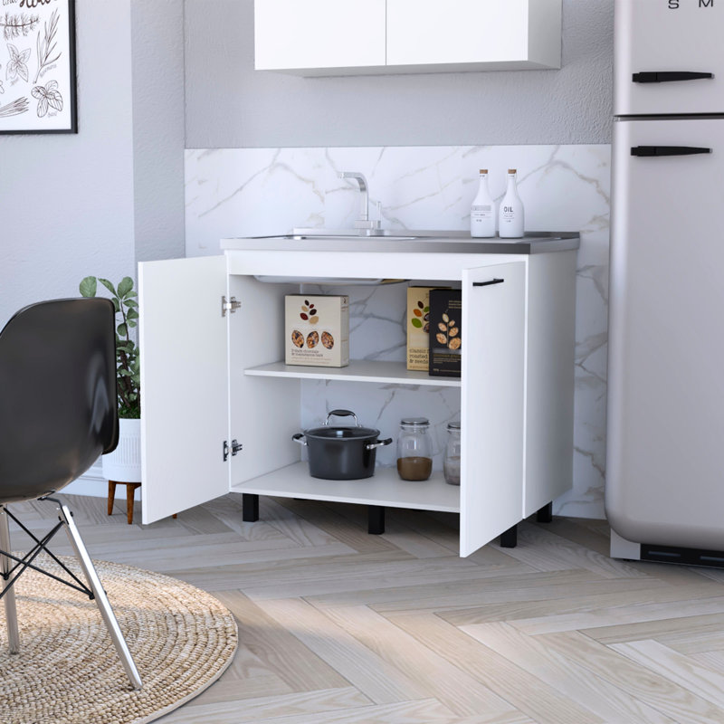 Évier de cuisine blanc 2 et armoire avec construction en bois à la mode, Argent