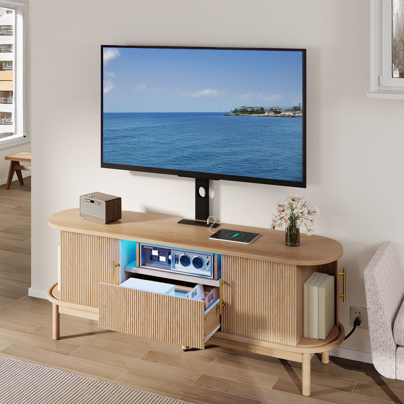  Meuble télé moderne avec cannelure et support de charge, Bois de chêne, H 55 po x l 60 po x P 15,4 po