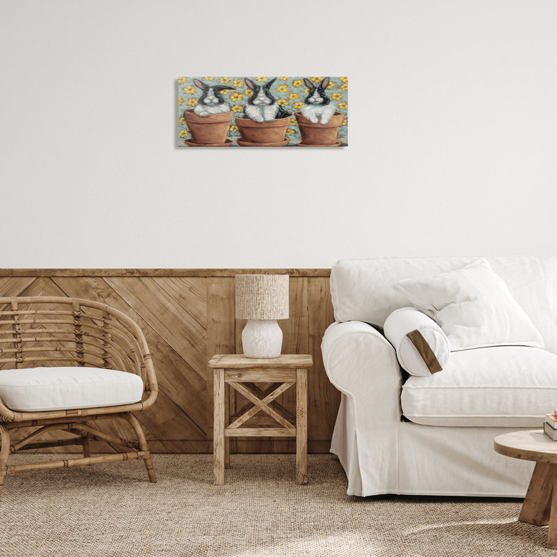 «Three Bunnies in Pots», art mural sur toile par Sara G. Designs, H 10 po x l 24 po