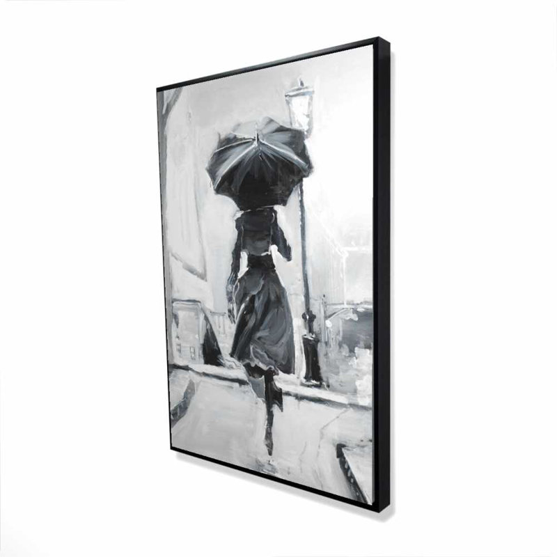 Toile figurative grise | Décor de femme qui court sous la pluie