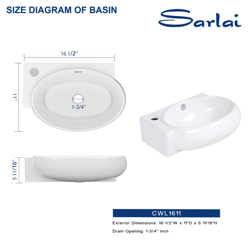 16.5" L x 11" W White Ceramic Oval Wall Mount Bathroom Sink with Overflow