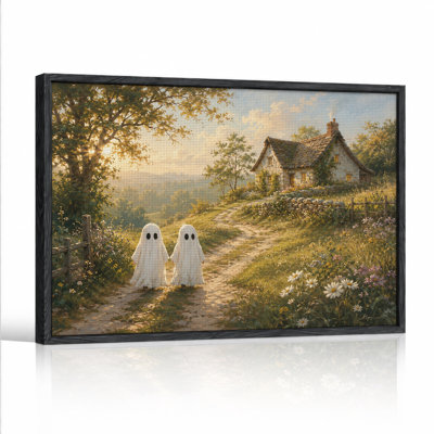 Deux fantômes marchant vers une maison en pierre au coucher du soleil - Toile murale d'Halloween