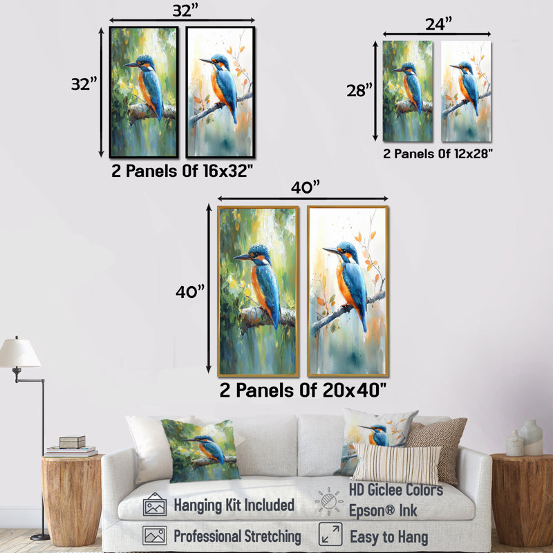 Art mural 2 pièces "Martin-pêcheur à la ferme" - animaux, Cadre flottant doré, H 28 po x l 25 po