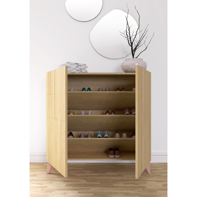 12 Pair Shoe Storage Cabinet, Oak/Pink