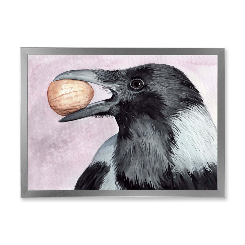 Corbeau noir avec un écrou - Peinture sur toile, H 16 po x l 32 po, Cadre photo argenté