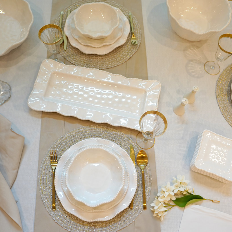 White Melamine 12-Piece Dinnerware Set with Beaded Ruffled Rims