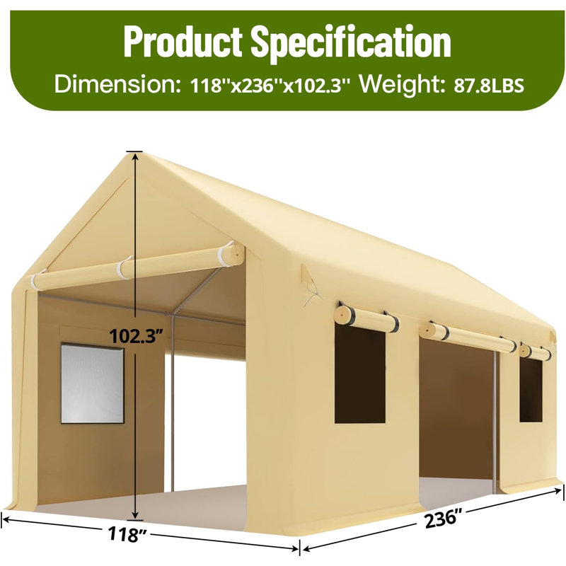 Abri d'auto robuste 10 pi x 20 pi, structure en acier galvanisé et pavillon en PE, résistant aux intempéries