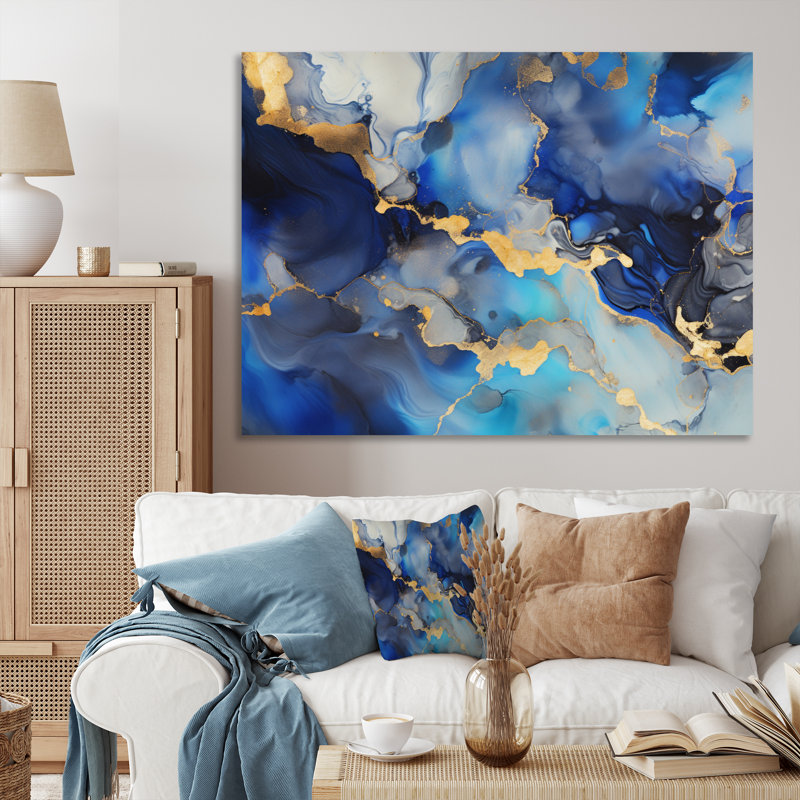 Décoration murale abstraite bleue et dorée de luxe VI - Fractales, H 30 po x l 40 po x P 1,5 po, Toile tendue