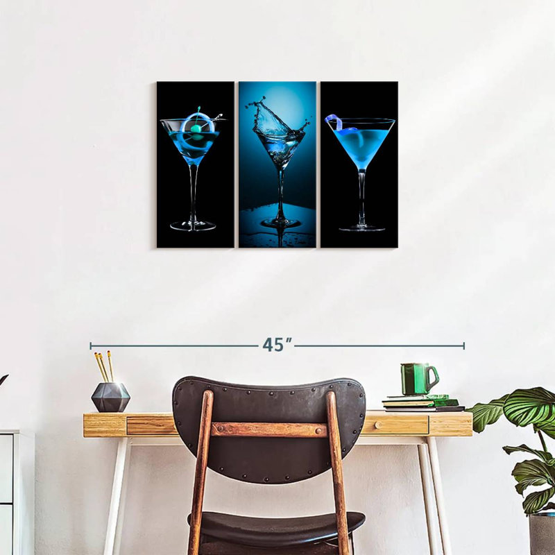 Ensemble de 3 boissons bleues sur toile, H 20 po x l 33 po x P 1,25 po
