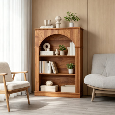 3-Tier Arched Open Bookshelf, Traditional Freestanding Bookcase with Decorative Beaded Trim, Light Walnut Wood Display Shelf for Living Room, Home Office, Bedroom & Hallway