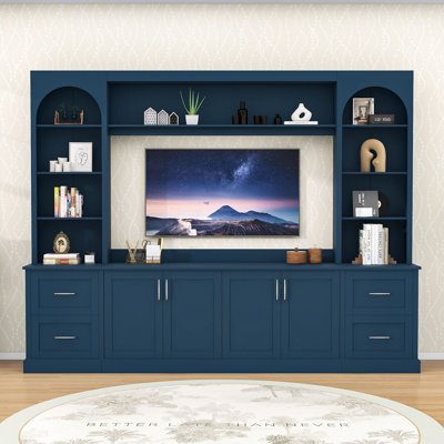 Meuble audio-vidéo en bois avec tiroirs de rangement, tablettes et armoire