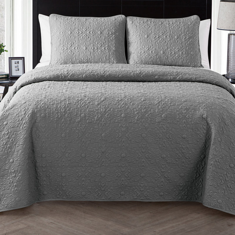 Caroline Embossed Floral Quilt Set, Grey, Full/Queen Quilt + 2 Standard Shams