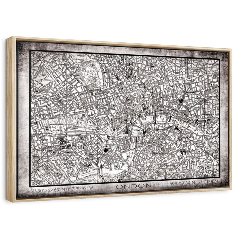 Carte de la ville de London Grunge, Cadre flottant en bois naturel, 43 po x 29 po
