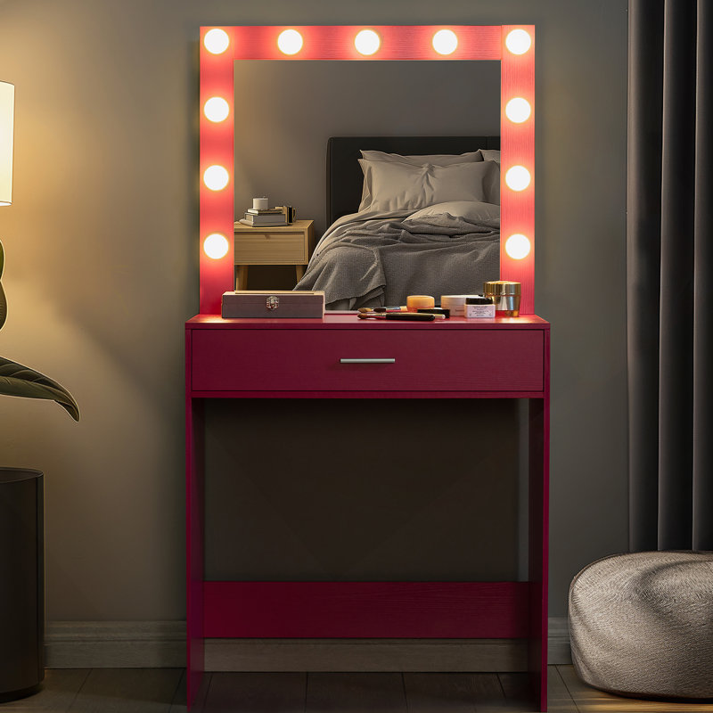 Vanity Desk With Mirror And Lights, Dressing Table With Large Drawer, 1 Level Storage Dresser & 3 Lighting Modes Adjustable Brightness